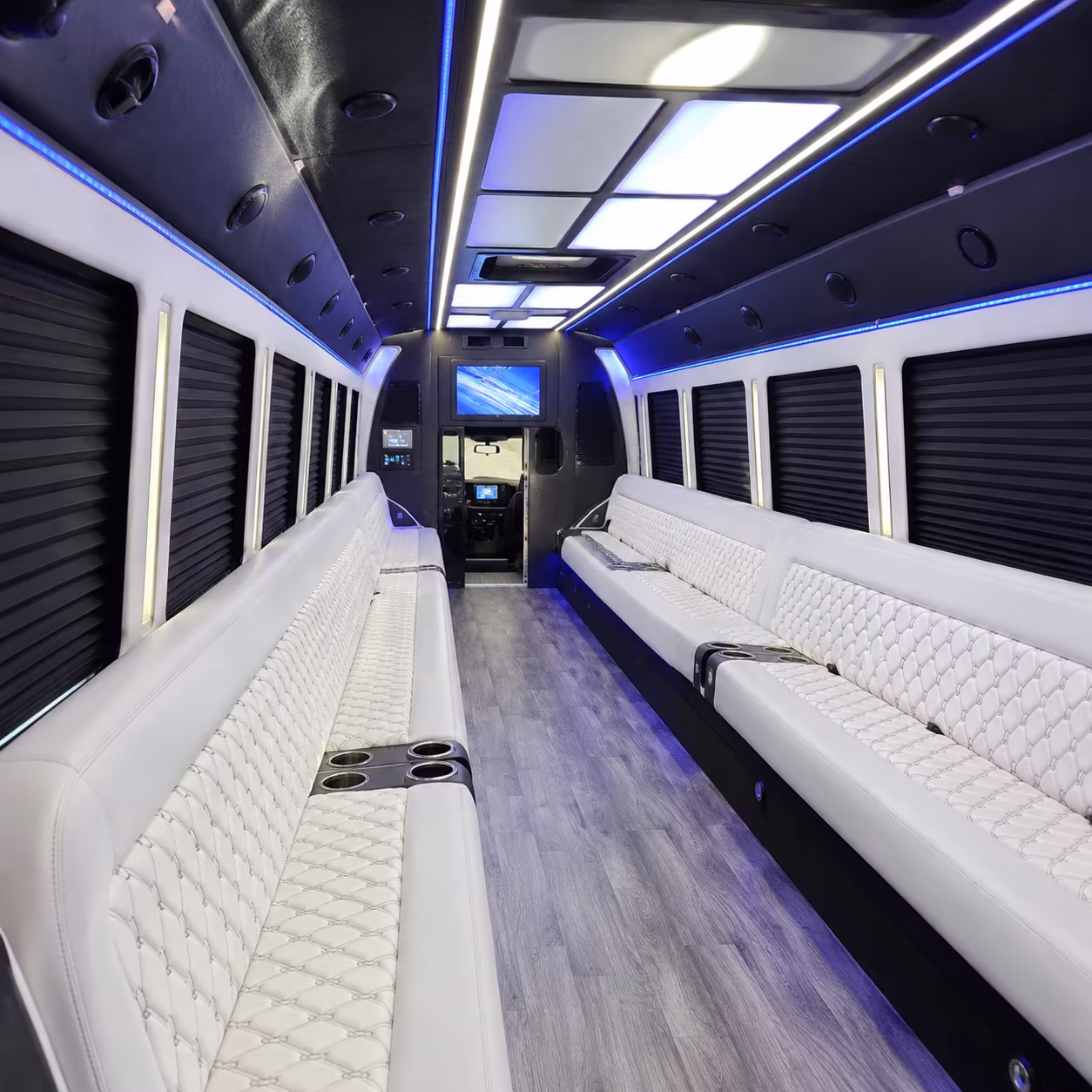 Passenger seating aboard a party bus rental serving Winston-Salem